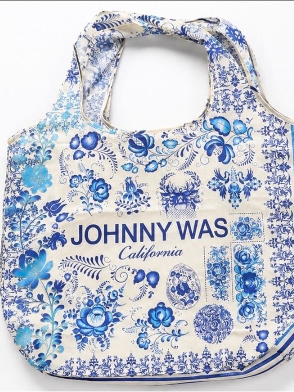 Johnny Was Blue Floral Reusable Foldable Tote Bag Shopping Travel Tote